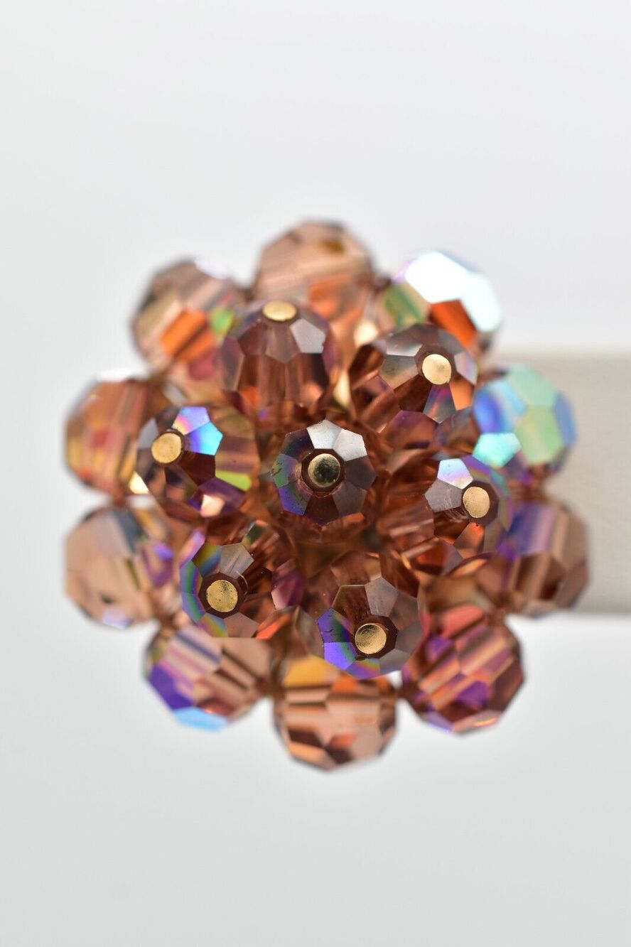 Laguna Vintage Rose Crystal Clip On Earrings Champagne Cluster Signed 1950s A24